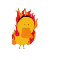 a cartoon duck with flames on his head