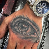 an eye tattoo on a man's hand
