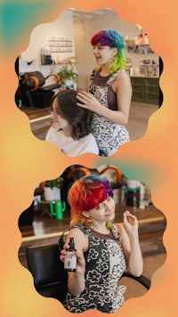 two pictures of a woman with colorful hair