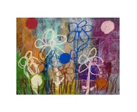 an abstract painting with colorful flowers and balloons