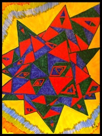 an abstract painting with red, blue, and yellow triangles