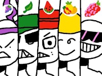a drawing of a group of people with fruit on their faces