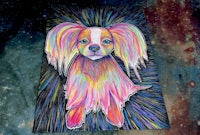 a painting of a colorful dog on a space background