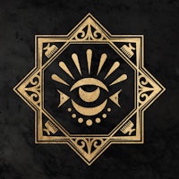 the golden eye logo on a black background
