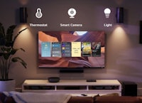 a living room with a tv and smart lights