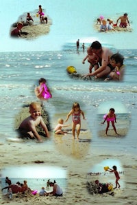 a collage of pictures of children playing on the beach