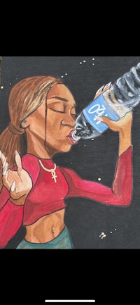 a painting of a woman drinking water from a bottle