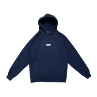 a navy hoodie with a white logo on it