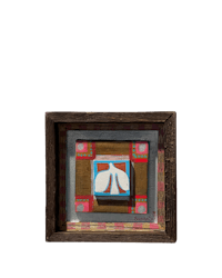 a wooden frame with a piece of art on it