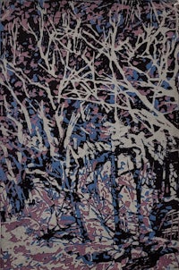an abstract painting of trees in purple and blue