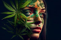 a woman with marijuana leaves on her face