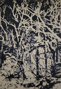 a black and white drawing of trees in a forest