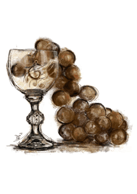 a drawing of a wine glass and grapes
