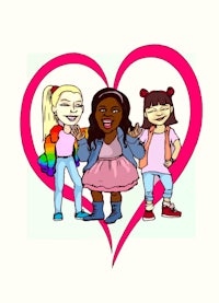three girls standing in front of a heart