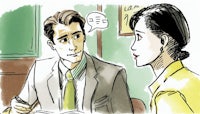 a cartoon of a man and woman talking to each other
