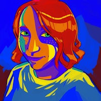 Colorful pop-art style drawing of a smiling white woman with shoulder-length red hair and light green eyes.