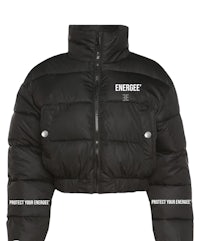 a black puffer jacket with the word enerbee on it