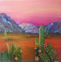 a painting of a desert with cactus and mountains