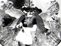 a black and white image of an angel with wings