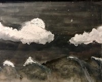 a painting of clouds and mountains with a moon in the sky