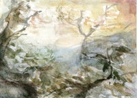 a watercolor painting of trees and flowers