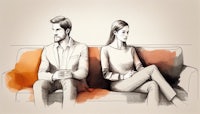 a drawing of a man and woman sitting on a couch
