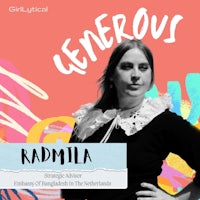 a woman in a black dress with the words'generous kadmila'