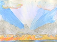 a watercolor painting of clouds and mountains