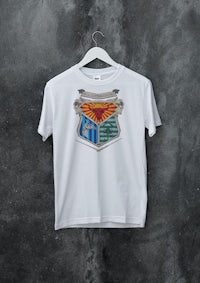 a white t - shirt with a crest on it