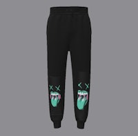a black sweatpants with an image of a pair of feet