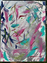 an abstract painting with pink, blue, and green paint