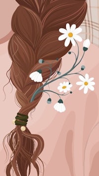 a girl's hair with flowers and daisies