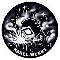 a black and white sticker with the words karel works