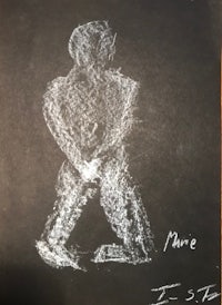 a drawing of a man sitting on a blackboard
