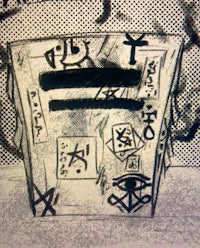 a drawing of a box with graffiti on it