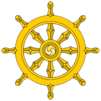 a golden buddhist wheel on a black background