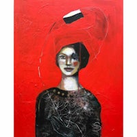 a painting of a woman with a black hat on a red background