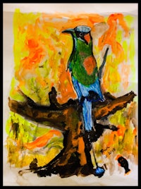 a painting of a bird perched on a branch