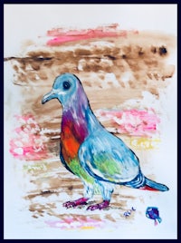 a watercolor painting of a colorful pigeon