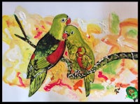 a painting of two parrots sitting on a branch