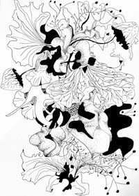 a black and white drawing of flowers and leaves