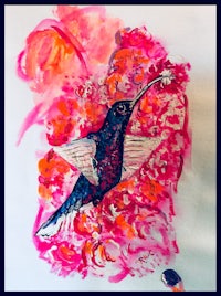 a painting of a hummingbird on a pink background