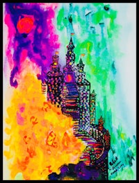 a colorful painting of a castle in the sky