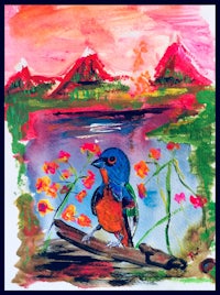 a watercolor painting of a bird on a branch near a lake