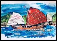 a painting of a boat in the water