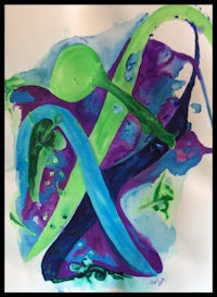 a watercolor painting with green, blue and purple colors