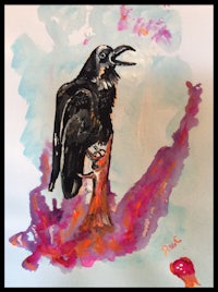 a watercolor painting of a crow on a branch