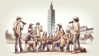 a group of people sitting around a table in front of the taipei tower