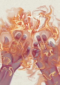 a drawing of a pair of hands with flames on them