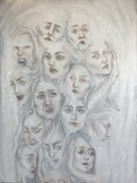 a painting with many faces on it